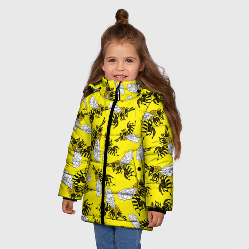 Зимняя куртка для девочек 3D Пчелы на желтом, цвет черный - фото 3