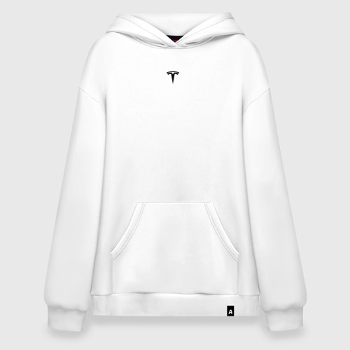 Худи SuperOversize хлопок Tesla black logo минимализм, цвет белый