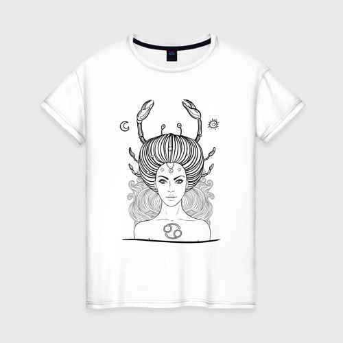Женская футболка из хлопка с принтом Девушка рак, вид спереди №1