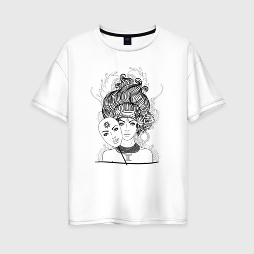 Женская футболка хлопок Oversize с принтом Девушка с маской Близнецы, вид спереди #2