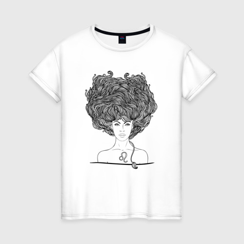 Женская футболка из хлопка с принтом Девушка лев, вид спереди №1