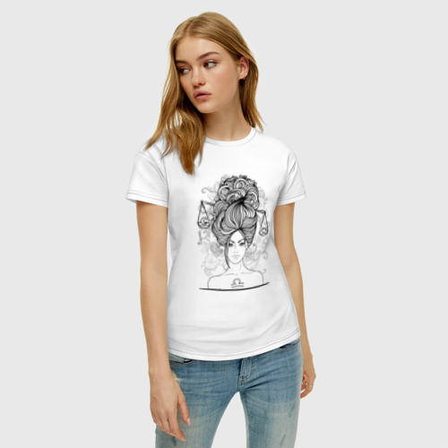Женская футболка хлопок Девушка Весы, цвет белый - фото 3