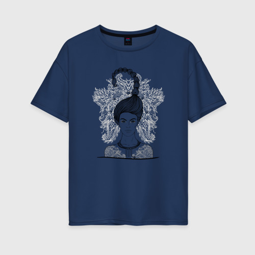 Женская футболка хлопок Oversize Девушка Скорпион, цвет темно-синий