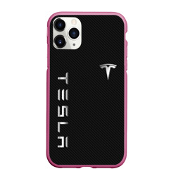 Чехол для iPhone 11 Pro Max матовый Tesla - Тесла карбон и металл