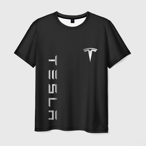 Мужская футболка с принтом Tesla - Тесла карбон и металл, вид спереди №1