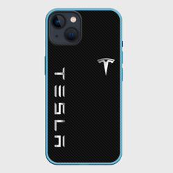Чехол для iPhone 14 Tesla - Тесла карбон и металл
