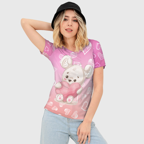 Женская футболка 3D Slim Милый мишка в сердечках, цвет 3D печать - фото 3