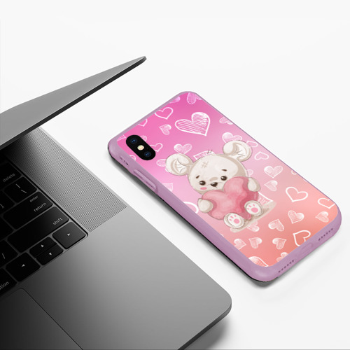 Чехол для iPhone XS Max матовый Милый мишка в сердечках, цвет сиреневый - фото 5