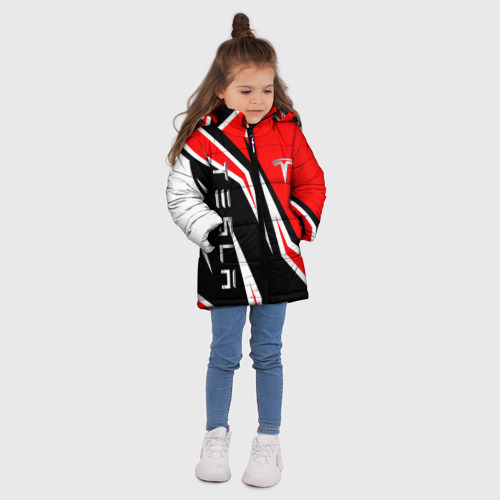 Зимняя куртка для девочек 3D с принтом Тесла - красный спортивный, вид сбоку #3