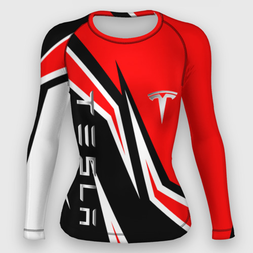 Женский рашгард 3D с принтом Тесла - красный спортивный, вид спереди #2