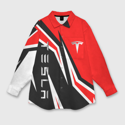 Мужская рубашка оверсайз с принтом Тесла - красный спортивный, вид спереди №1