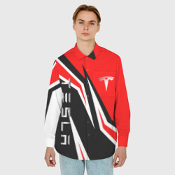 Рубашка с принтом Тесла - красный спортивный для любого человека, вид спереди №2. Цвет основы: белый