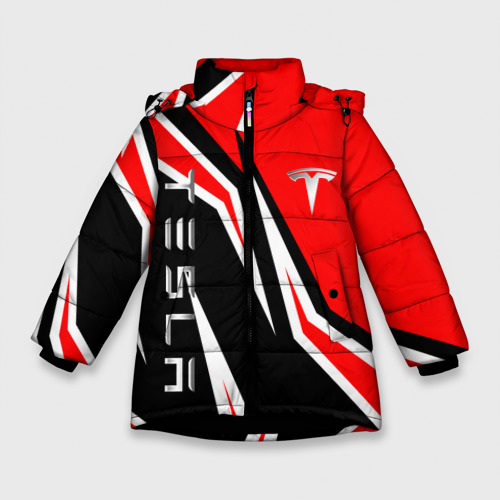Зимняя куртка для девочек 3D с принтом Тесла - красный спортивный, вид спереди #2