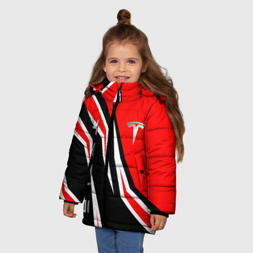 Зимняя куртка для девочек 3D с принтом Тесла - красный спортивный, фото на моделе #1