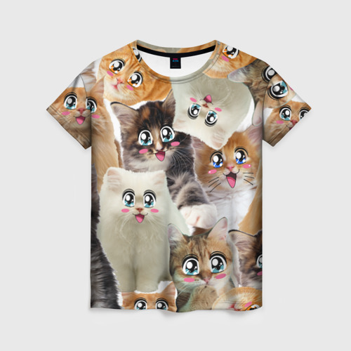 Женская футболка 3D с принтом Много кошек с большими анимэ глазами, вид спереди #2