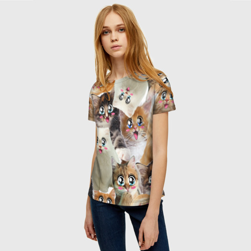 Женская футболка 3D с принтом Много кошек с большими анимэ глазами, фото на моделе #1