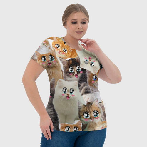 Женская футболка 3D с принтом Много кошек с большими анимэ глазами, фото #4