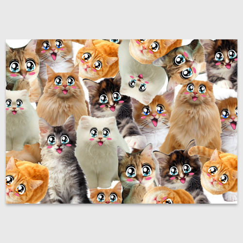Поздравительная открытка Много кошек с большими анимэ глазами, цвет белый