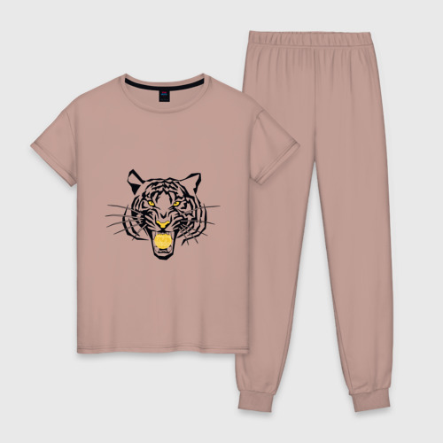 Женская пижама хлопок Тигр с монетой Биткоина в пасти, цвет пыльно-розовый