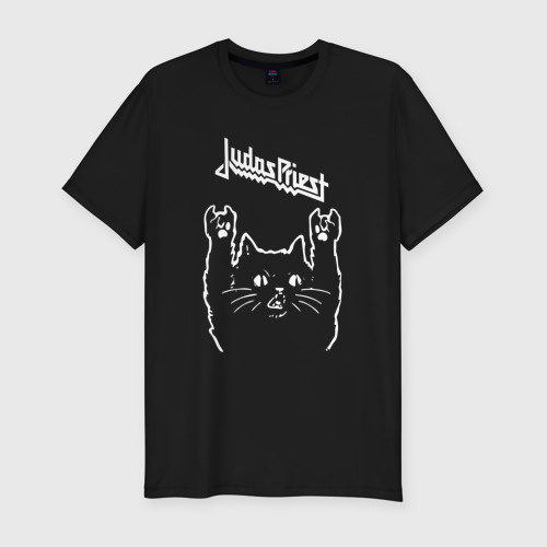 Мужская футболка хлопок Slim с принтом Judas Priest Рок кот, вид спереди #2