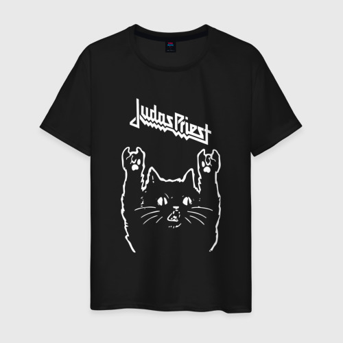 Мужская футболка из хлопка с принтом Judas Priest Рок кот, вид спереди №1