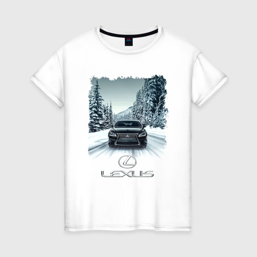 Женская футболка хлопок с принтом Lexus - зимняя дорога, вид спереди #2