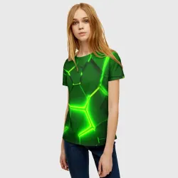 Женская футболка 3D Плиты неоновые: green hexagon - разлом объемный - фото 2