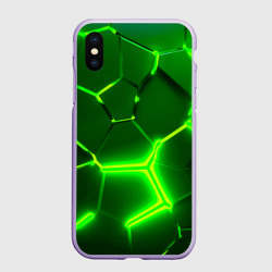 Чехол для iPhone XS Max матовый Плиты неоновые: green hexagon - разлом объемный