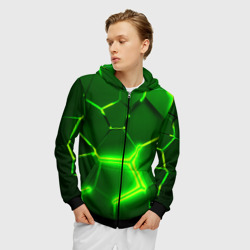 Мужская толстовка 3D на молнии Плиты неоновые: green hexagon - разлом объемный - фото 2