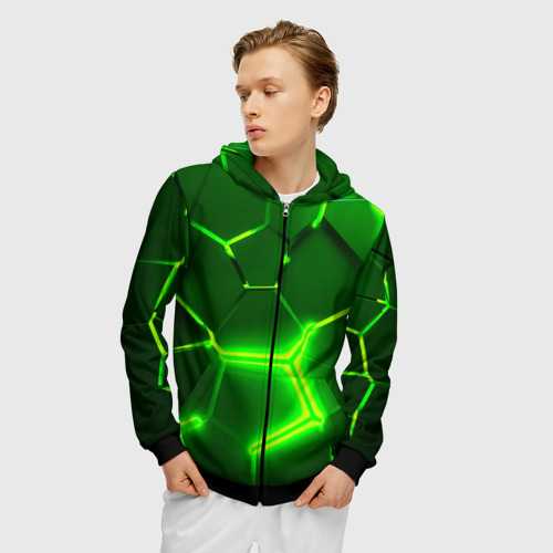 Мужская толстовка 3D на молнии с принтом Плиты неоновые: green hexagon - разлом объемный, фото на моделе #1
