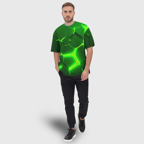 Мужская футболка oversize 3D Плиты неоновые: green hexagon - разлом объемный, цвет 3D печать - фото 5