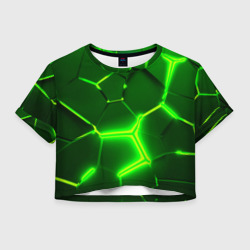 Женская футболка Crop-top 3D Плиты неоновые: green hexagon - разлом объемный