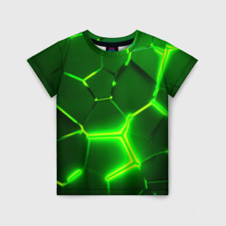 Детская футболка 3D Плиты неоновые: green hexagon - разлом объемный