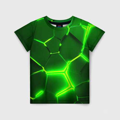 Детская футболка с принтом Плиты неоновые: green hexagon - разлом объемный, вид спереди №1