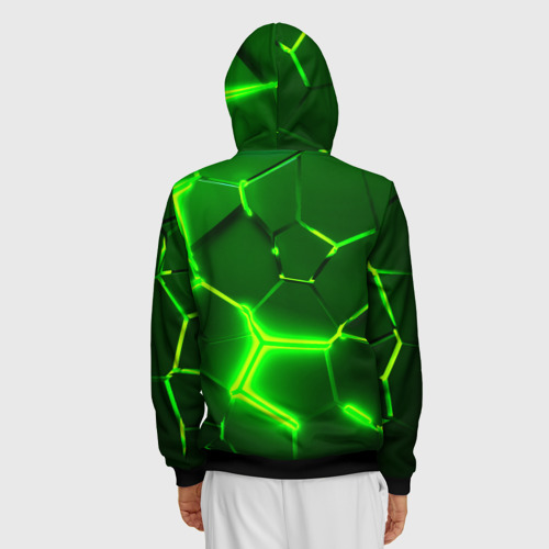 Мужская толстовка 3D на молнии с принтом Плиты неоновые: green hexagon - разлом объемный, вид сзади #2