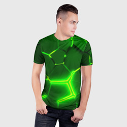 Мужская футболка 3D Slim Плиты неоновые: green hexagon - разлом объемный - фото 2