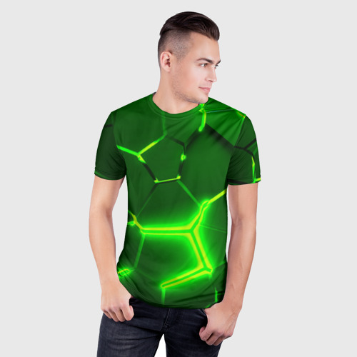 Мужская футболка 3D Slim Плиты неоновые: green hexagon - разлом объемный, цвет 3D печать - фото 3