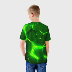Футболка с принтом Плиты неоновые: green hexagon - разлом объемный для ребенка, вид на модели сзади №2. Цвет основы: белый