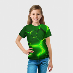 Футболка с принтом Плиты неоновые: green hexagon - разлом объемный для ребенка, вид на модели спереди №3. Цвет основы: белый