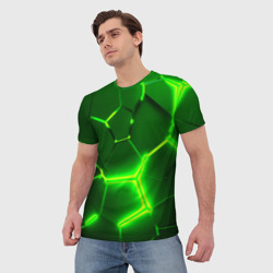 Мужская футболка 3D Плиты неоновые: green hexagon - разлом объемный - фото 2
