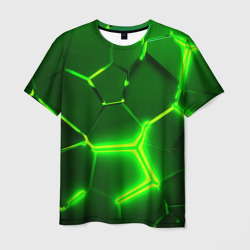 Мужская футболка 3D Плиты неоновые: green hexagon - разлом объемный