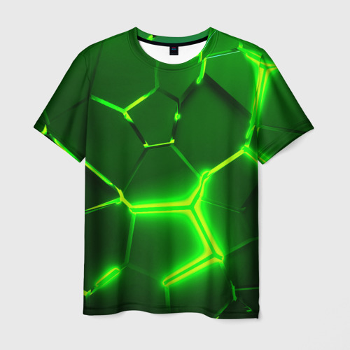 Мужская футболка с принтом Плиты неоновые: green hexagon - разлом объемный, вид спереди №1
