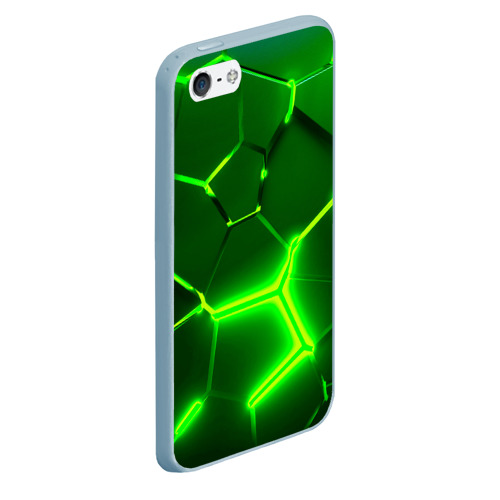 Чехол для iPhone 5/5S матовый Плиты неоновые: green hexagon - разлом объемный, цвет голубой - фото 3