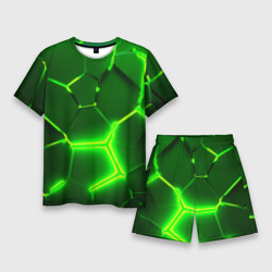 Мужской костюм с шортами 3D Плиты неоновые: green hexagon - разлом объемный