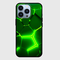 Чехол для iPhone 13 Pro Плиты неоновые: green hexagon - разлом объемный