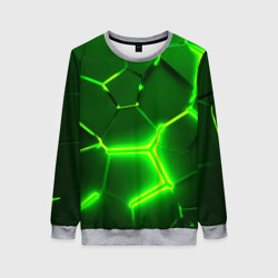Женский свитшот 3D Плиты неоновые: green hexagon - разлом объемный