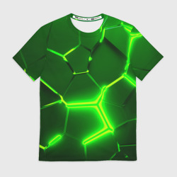 Мужская футболка 3D Плиты неоновые: green hexagon - разлом объемный