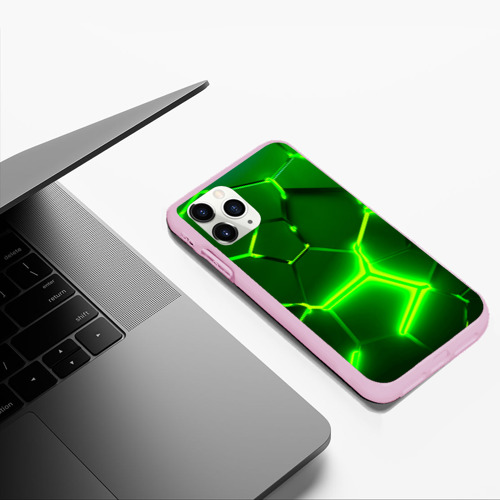 Чехол для iPhone 11 Pro Max матовый Плиты неоновые: green hexagon - разлом объемный, цвет розовый - фото 5