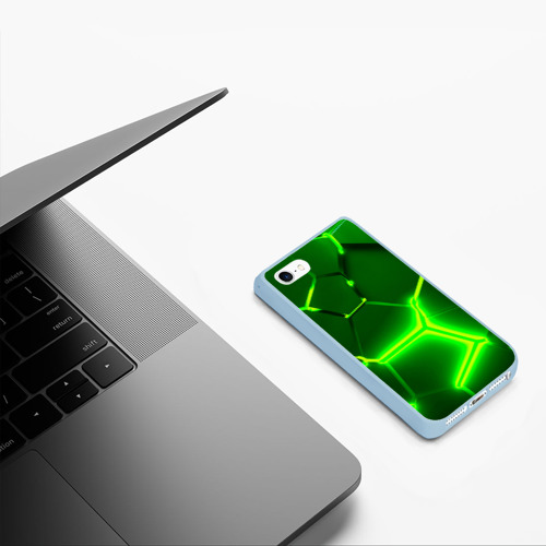 Чехол для iPhone 5/5S матовый Плиты неоновые: green hexagon - разлом объемный, цвет голубой - фото 5