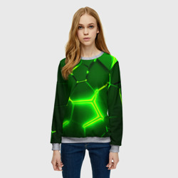 Женский свитшот 3D Плиты неоновые: green hexagon - разлом объемный - фото 2